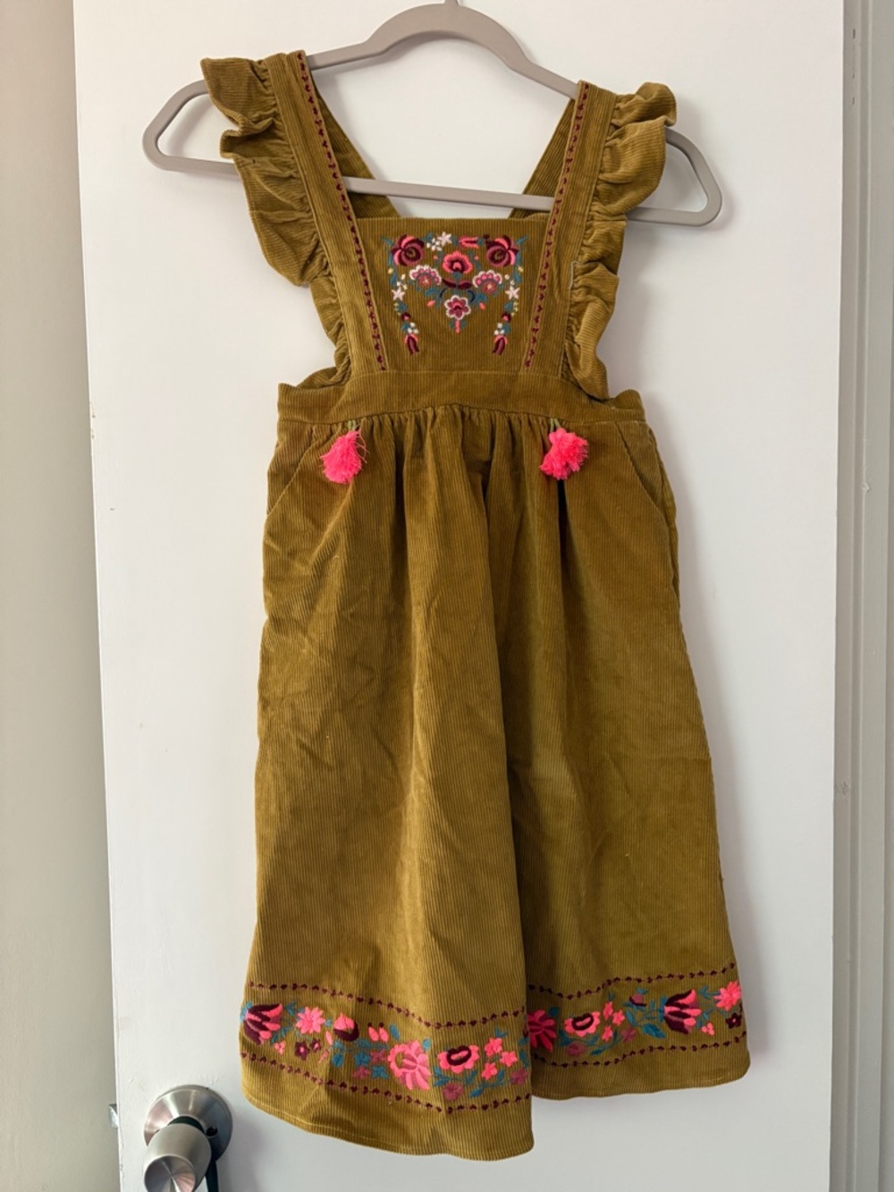 Louise Misha Corduroy Pinafore in Mustard with Pink Tag Detail